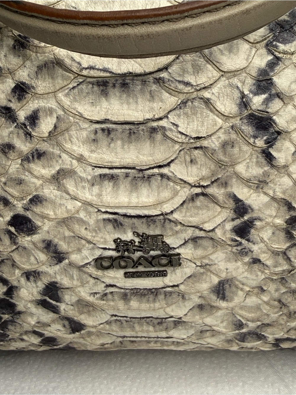 Coach Snake-Embossed Leather Beige and Black Hand Bag - Picture 11 of 12